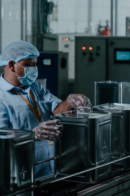 Factory worker wearing hairnet and mask handling metal oil containers on a production line in a food processing plant